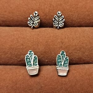 Cactus and Leaf Stud Earrings Set